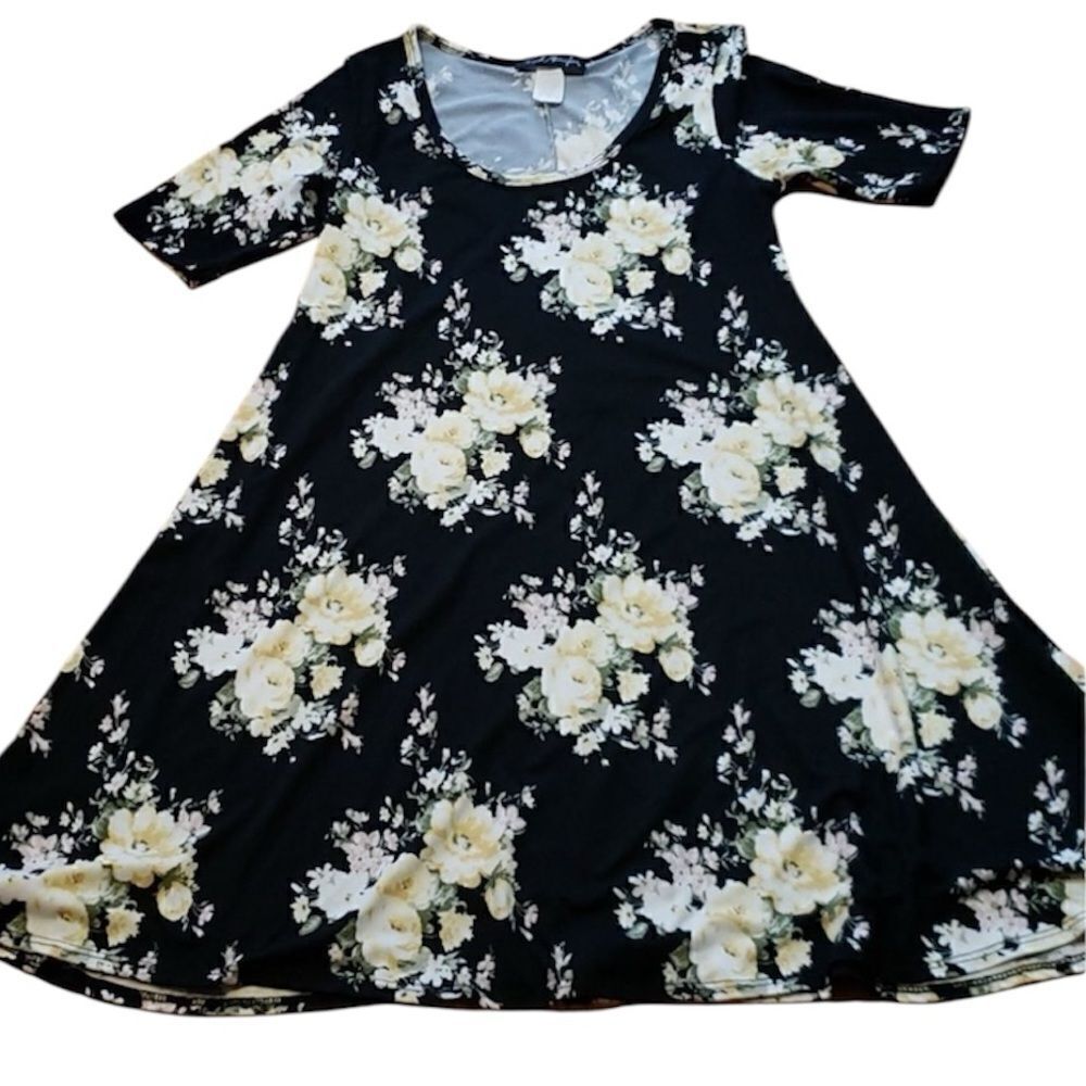 Soft knit Black Floral fit and flare Dress, Medium